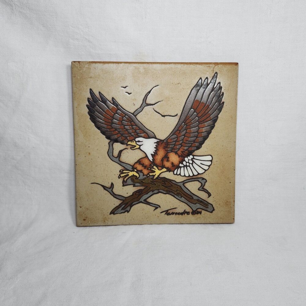 Vintage Signed Cleo Teissedre Bald Eagle 1984 Clay Tile Wall Plaque Trivet